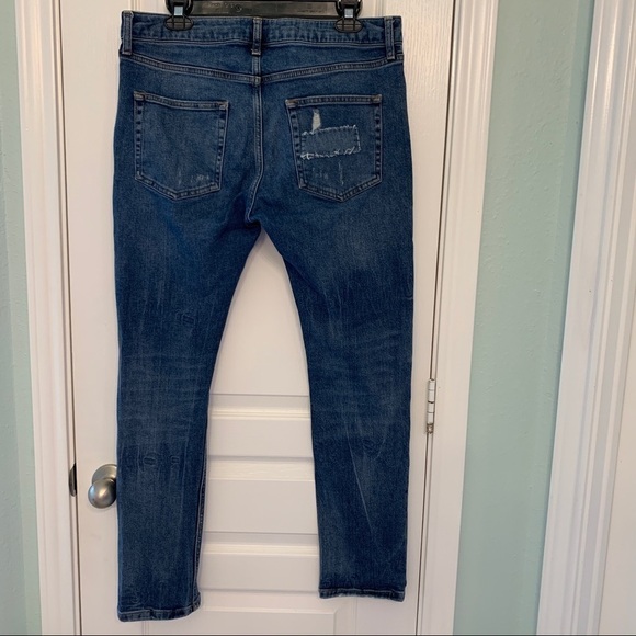 Topman Mens Stretch Skinny Distressed Cotton Blue Jeans 34S - Picture 2 of 7